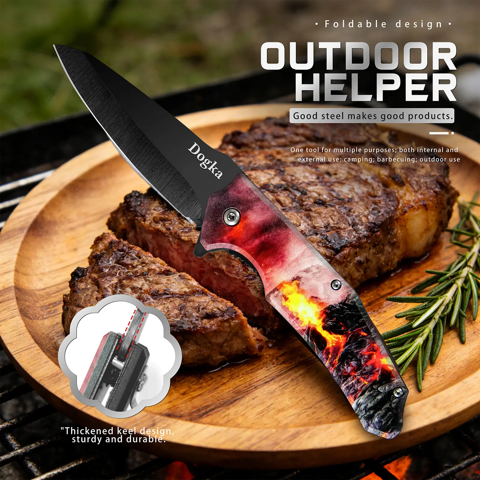 Dogka EDC Folding Pocket Knife, Volcano Lava Printed Handle Portable Outdoor Camping Utility Knife