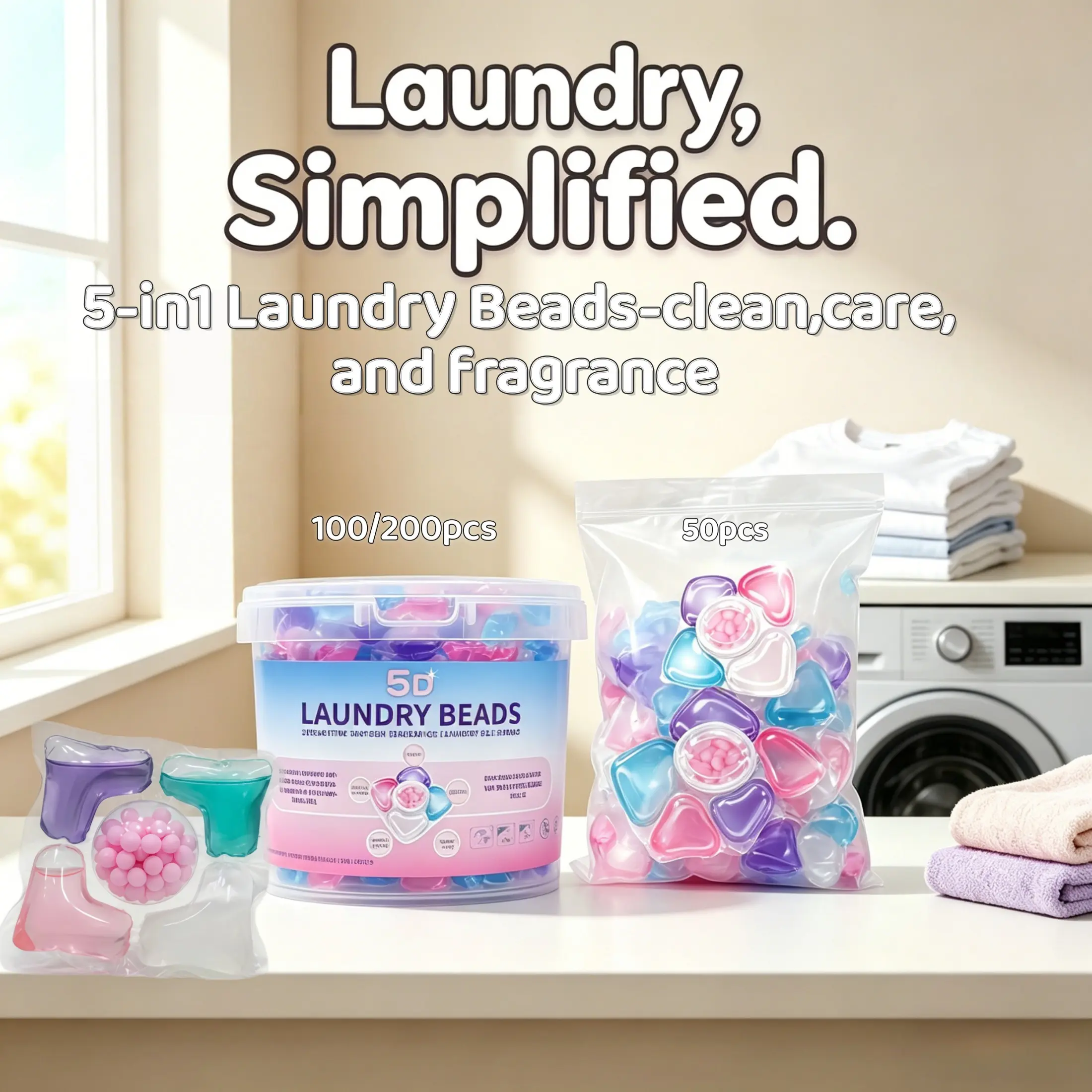 5-In-1 Laundry Detergent Pods 8g/pcs, Odor Eliminating, Deep Clean, Fragrance, Softness, Gentle on Hands & Clothes, Portable for All Fabrics, Fragrance Detergent Beads, Scented Detergent Balls
