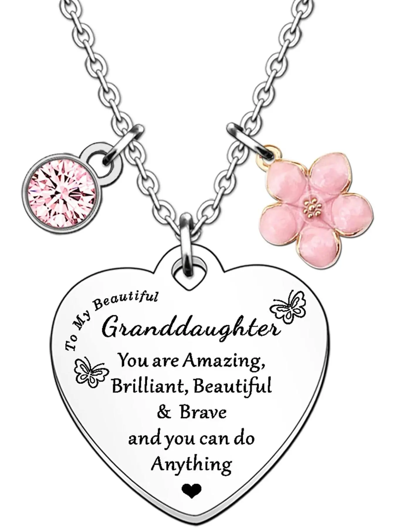 Mother's Day Gift Cute Heart Shaped Pendant Necklace with Rhinestones & Flower Decor, Fashion Jewelry Accessories for Granddaughter As Gift, Heart Design Necklace, Stainless Steel Necklaces, Hearts Pendant Necklace