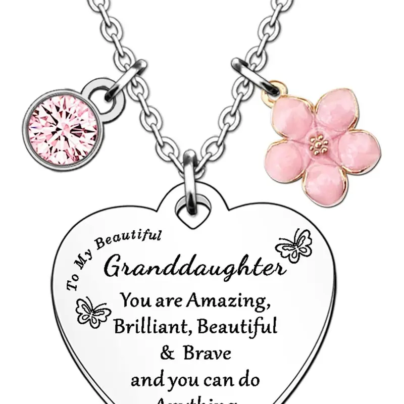 Mother's Day Gift Cute Heart Shaped Pendant Necklace, Rhinestones & Flower Decor, Stainless Steel, Fashion Jewelry for Granddaughter