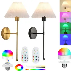 American retro pleated lampshade 2-piece set 40cm RGB bulb gold/black charging wall lamp, bathroom bedside dressing table wall lamp, bedroom living room study wall mounted lamp