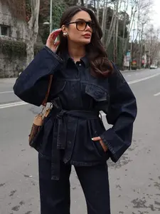 Deep Denim Blue Waist-Cinch Jacket, Coats, Spring Fall High-End Style, Belted Slimming Design, Versatile Casual Wear, Luxurious Look, Lazy Person's Favorite