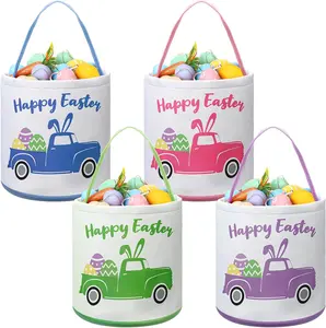 4 Pcs Easter Cute Basket Storage Empty Canvas Basket Bin with Handles Easter Basket Easter Truck Baskets Bag with Handle Easter Canvas Eggs Hunt Bag for Party Candy Gifts Storage
