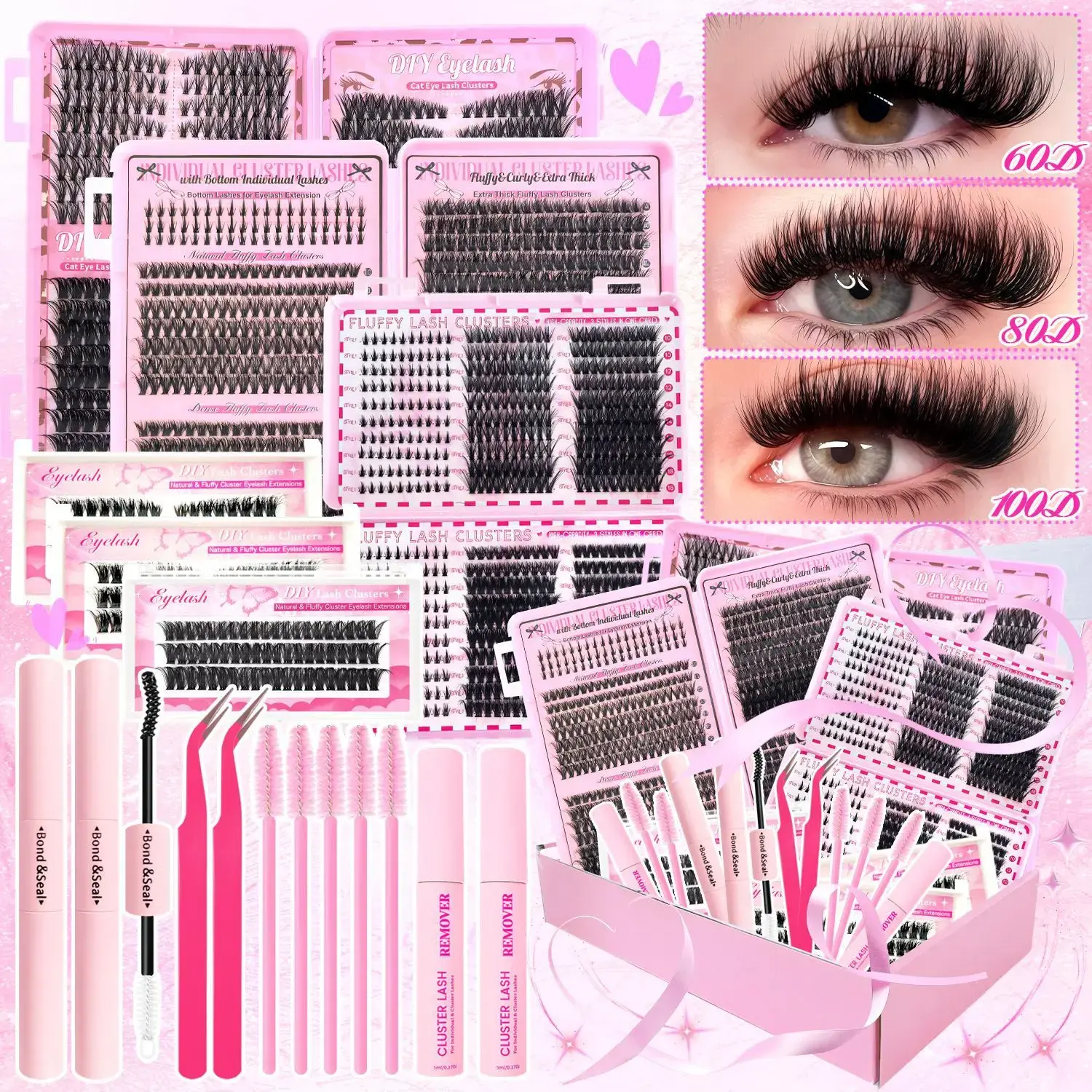 Beginner Lash Clusters Kit – Mixed Length Wispy Lashes with Bond, Seal, Remover & Tools, Easy DIY Eyelash Extensions at Home