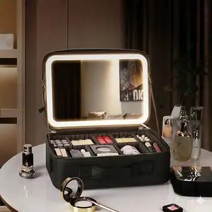 Large Capacity Makeup Bag with LED Mirror, Professional Makeup Case Organizer with 3 Color Light Adjustable Brightness, Travel Make up Cosmetic Case with Detachable Dividers & Shoulder Strap