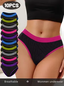 10pcs Women's Seamless Low Waist Panties, Womenswear, Striped Design, Breathable & Quick-Dry, Soft Fit, Affordable Quality, Triangle Underwear, Chic