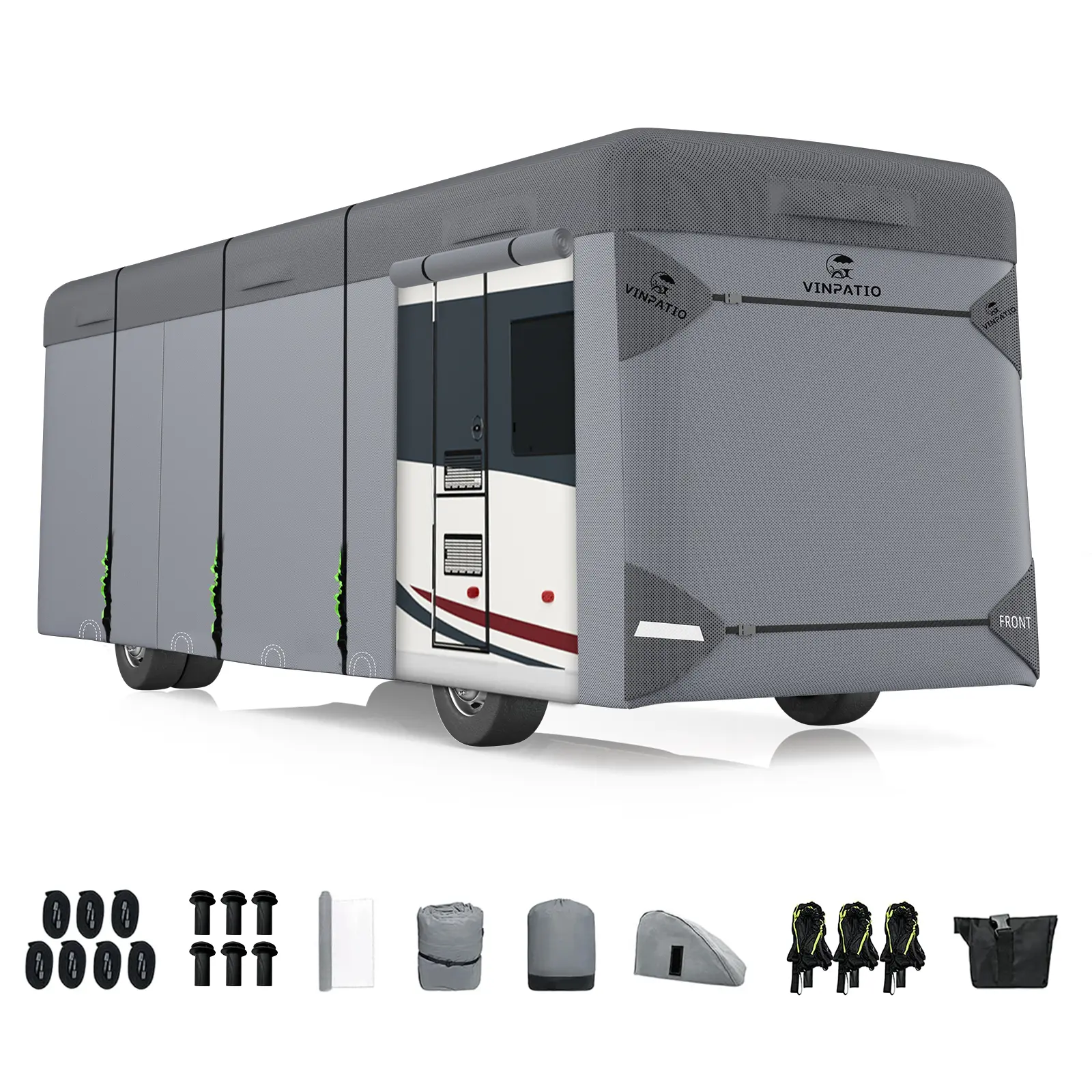 Class A RV Cover Extra Thick 7 Layers Top, Heavy Duty Windproof Waterproof Class A Motorhome Cover with 2 Extra Long Straps, Gutter Covers