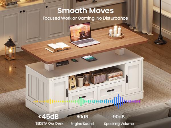 SEDETA 47.2" Electric Standing Coffee Table with Storage, Farmhouse Lift Top Coffee Table with Drawers and Open Shelves, Height Adjustable Tables with Power Outlet, for Living Room
