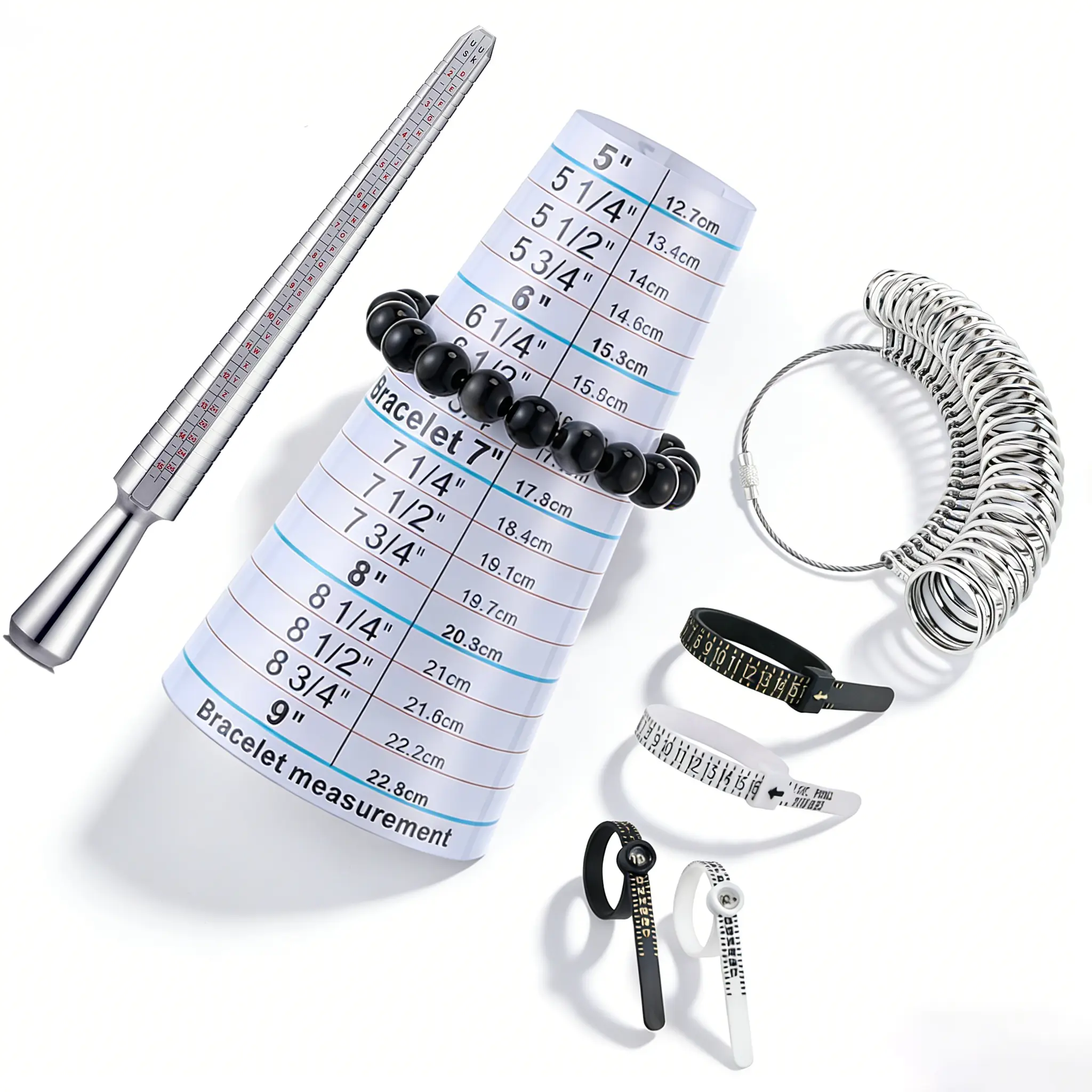 Stainless Steel DIY Jewelry Making Complete Measuring Kit - 2 5"-9" Sizing Belts, Bracelet Sizer Cone, Ring Sizer, Dual Scale Finger Mandrel Set, Magnifying Lenses for Repair, Precise Measurements & Long-Term Use, 2 Sizing Belts