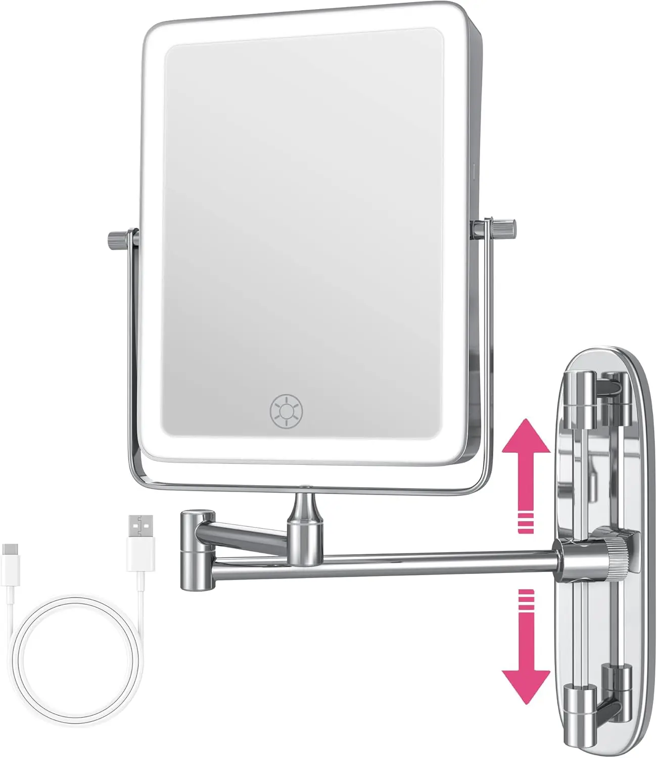 Wall Mounted Lighted Makeup Mirror, Rectangle Double Sided 1X/7X Magnifying Bathroom Height Adjustable Mirror, Rechargeable 3 Color and Dimmable Lights, Extended Arm 360 Rotation Shaving Vanity Mirror