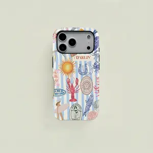 This durable 2-in-1 protective case features a retro American-style blue and white striped marine life patchwork pattern. It's compatible and works with iPhone 17/16/15/14/13/12/11 Pro Max/Plus/Pro/MINI and Samsung Galaxy S25/S24/S23/S22/S21.