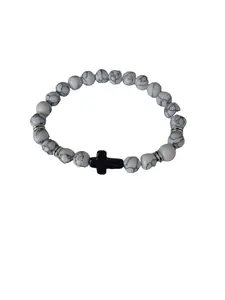 Beaded Cross Bracelet - Symbol of Faith and Strength with Polished Agate Beads for Balance and Protection - Unisex Stretch Design for All-Day Wear