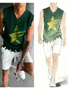 Men's Summer Trendy Knit Hollow Out Vest, Pentagram Motif, Pentagram Pattern V-Neck Ripped Design, Casual Fitted Daily Wear, Perfect for Everyday Use