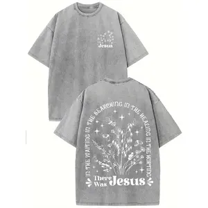 HolaFish There was jesus Print Oversized Cotton Solid Drop Shoulder T Shirts for Men Vintage Streetwear Basic Tees Baggy Hip Hop Unisex Tops Acid Wash T shirt
