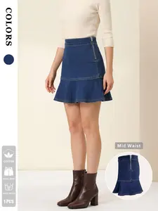 1 Pair Women's Deep Blue Ruffle Hem Denim Skirt, Fitted Short Jeans, Casual Style, All Seasons, Summer Daily Wear, Street Fashion, Vacation Travel