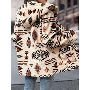 Women's Aztec Geometric Pattern Hooded Wool Jacket - Medium casual winter jacket, front pocket, machine washable, single button design, suitable for autumn and winter travel, ethnic style pattern, long-lasting warmth