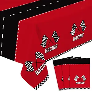3 Pack Race Car Tablecloths - Red Black  Plastic Table Covers with Checkered Flags,  Racing Theme Table Cloths for Kids Birthday Party Decorations Supplies