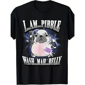 French Bulldog Meme T-Shirt - I'm Pibble & Wash My Belly Funny Gen Z Viral Challenge Shirt, Pibble Meme Graphic Tee for, Casual Loose Fit Short Sleeve Top (Sizes 130-160) - Black & White Meme Apparel (3-13Y)