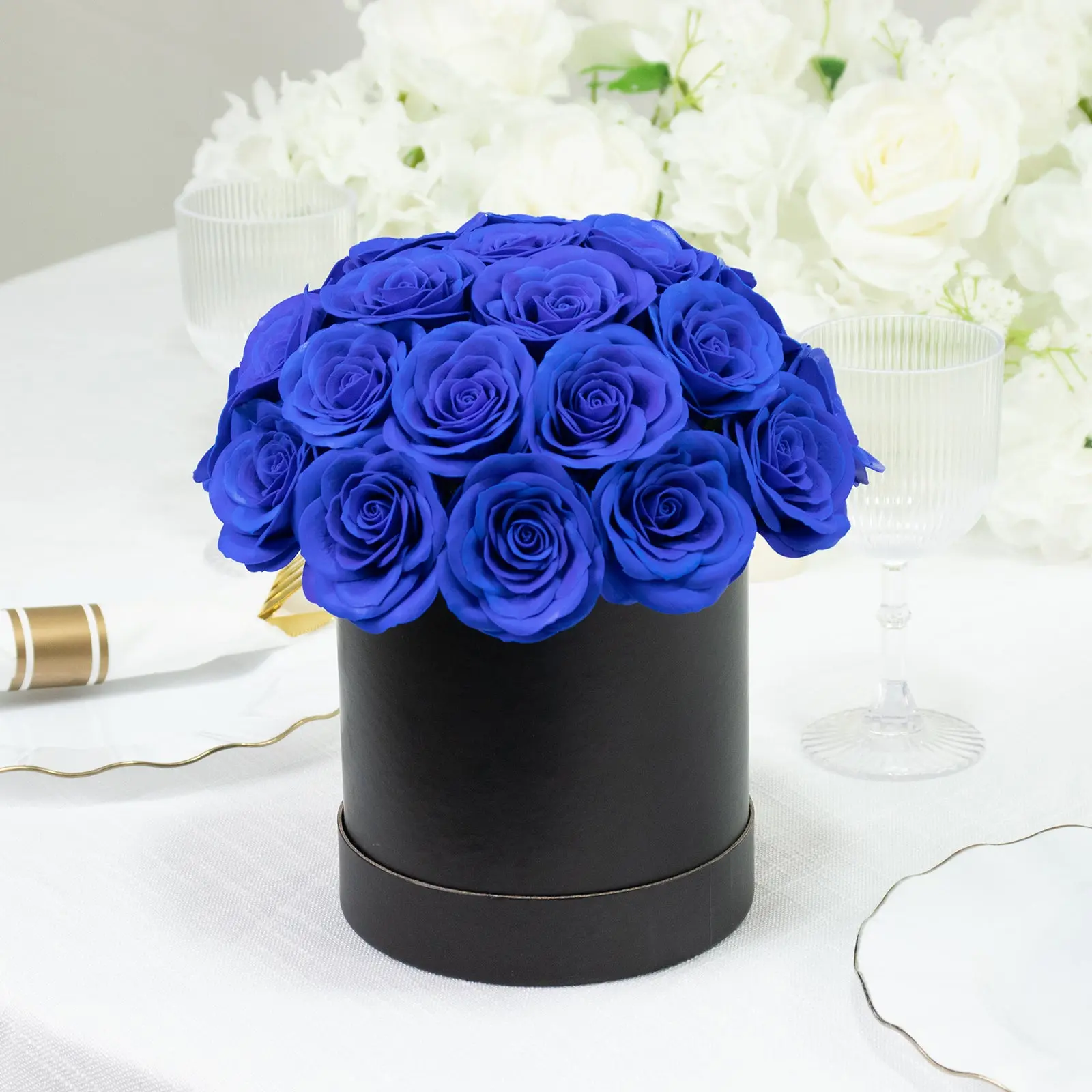 Royal Blue Artificial Flower Bouquet Prearranged Rose Centerpiece, 27pcs Roses with Black Round Gift Box for Home Decor