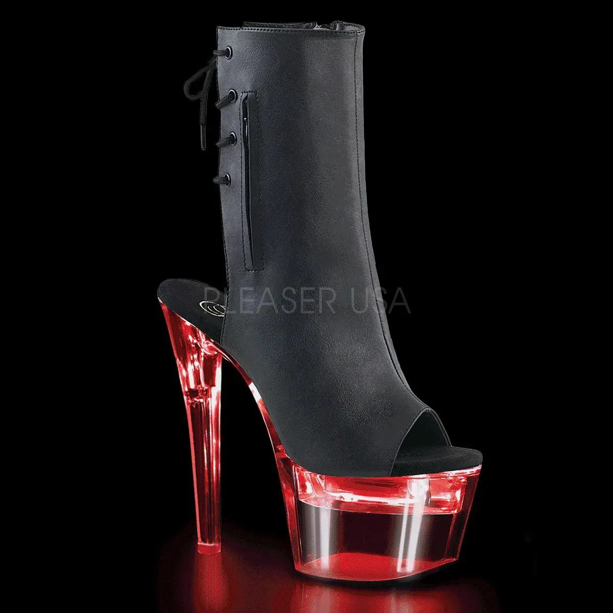 Women's Footwear 7 In Stiletto High Heels, Open Toe Ankle Boots in Synthetic PU Leather with Lace-Up Back and USB Chargeable LED Lights, Platform, Shoe, Party Wear, Black, Night Out, Usb Light Up, Led Light-Up