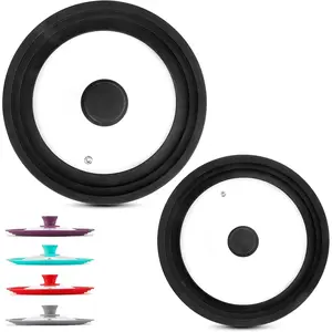 Universal  (Set of 2) Fits 7 to 12-Inch Cookware,  Replacement Pan Lid, Glass Top Covers for Skillets, Pots, Frying Pans, Cast Iron, CrockPot - Black