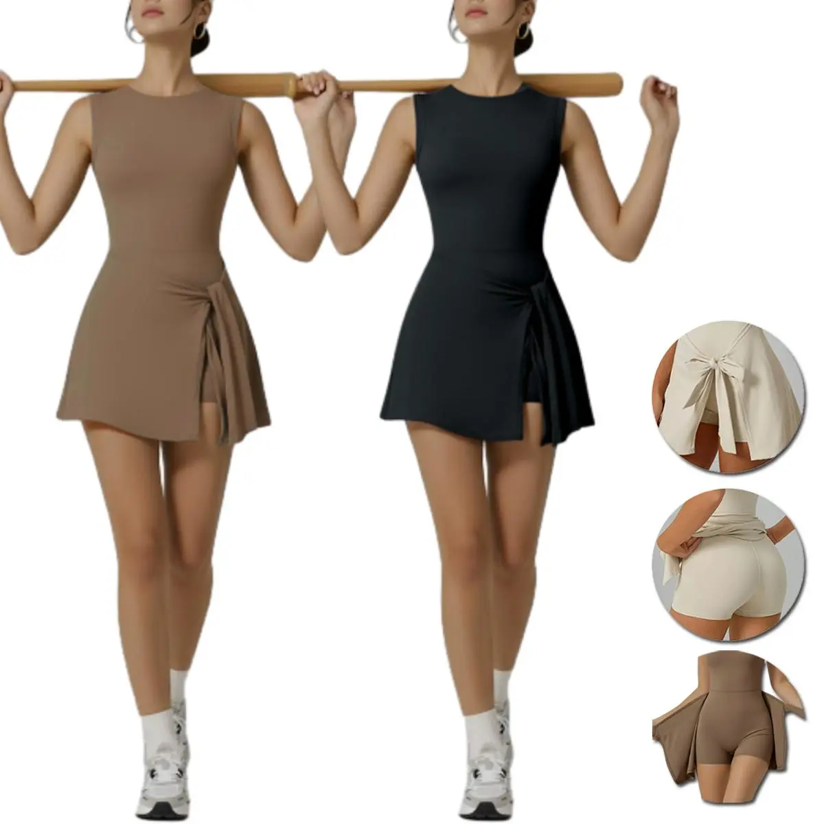 Women's Sleeveless Ruched Activewear Workout Dress - Tennis Romper with Built-in Shorts, Open Back, Athletic Dress, Activewear Dress