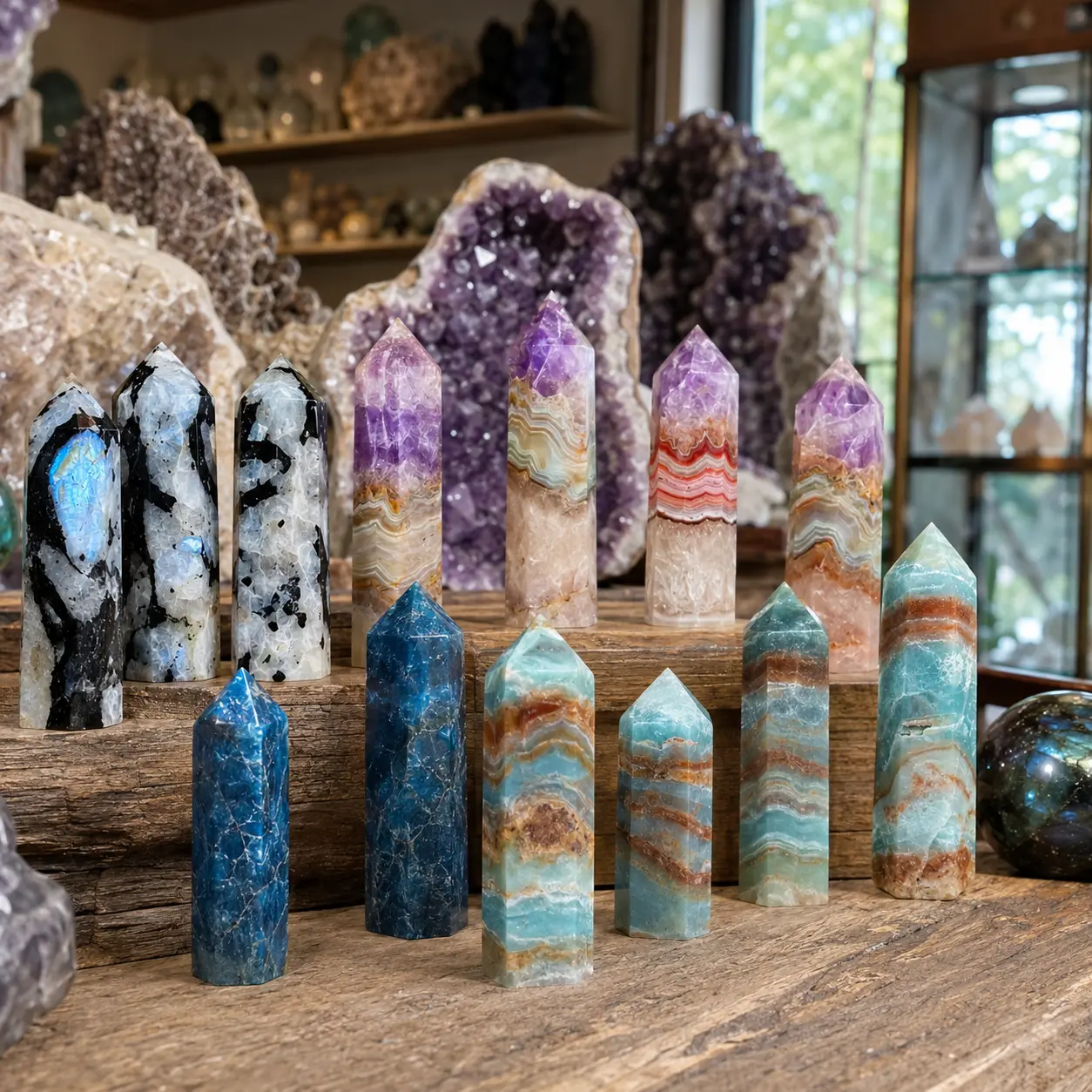 Natural multi-material crystal pillars, including rainbow moonstone, amethyst-agate, sky blue, and blue Lapis pillars.Mineral Specimen, Unique Home Decor, Ideal Gift For Crystal Collectors.Bohemian Style Unique Texture for DIY Making,Christmas,Valentine'