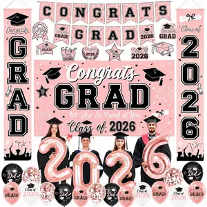 Graduation Decorations Class of 2026 - Rose Gold Graduation Decorations Include Grad Backdrop, Banner, Hanging Swirls, Porch Sign, Balloons for Congrats Grad Party Decorations