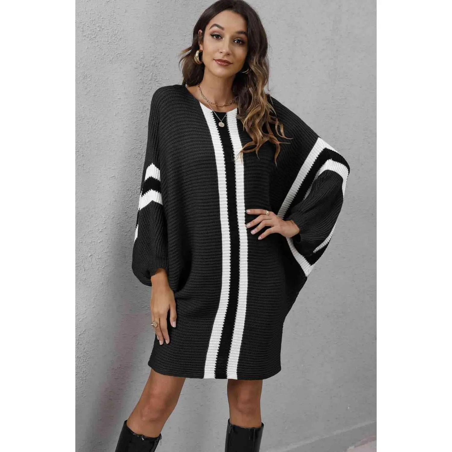 Ribbed Round Neck Long Sleeve Sweater Dress