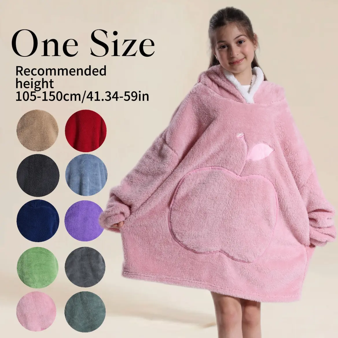 Kids' Solid Color Apple Shape Wearable Blanket, Thick Warm Winter Sleepwear, Elegant Home Style, Comfortable Fabric