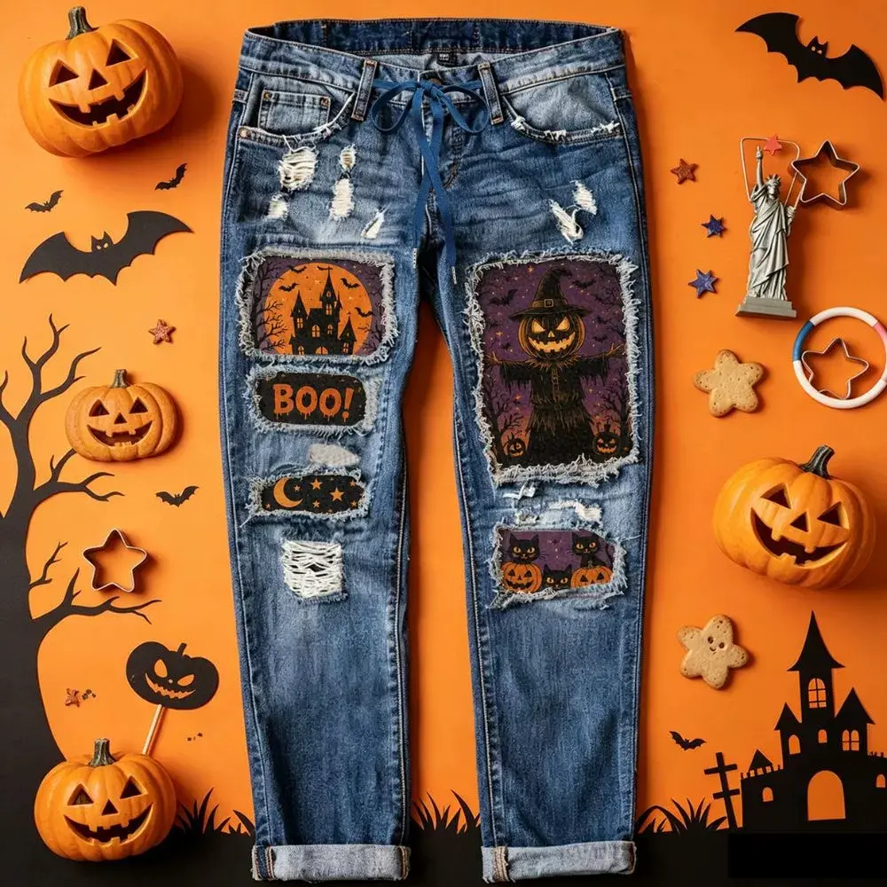 2026 New Women’s Halloween patchwork denim jeans – pumpkin and scarecrow, ghost and skeleton prints; vintage distressed look, raw hem design; slim fit, mid-rise waist, non-stretch, straight leg cut