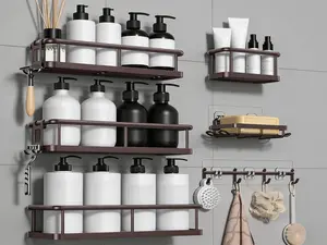 6-pack adhesive shower caddies, rustproof drill-free shelves with soap holder for bathroom storage.