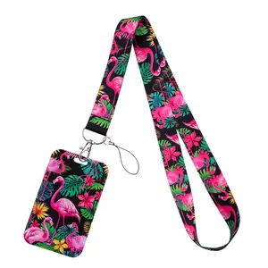 Vintage Pink Flamingo Pattern Lanyard Keychain USB ID Credit Card Cover Pass Women Mobile Phone Charm Gym Neck Straps Badge Holder Key Holder Accessories