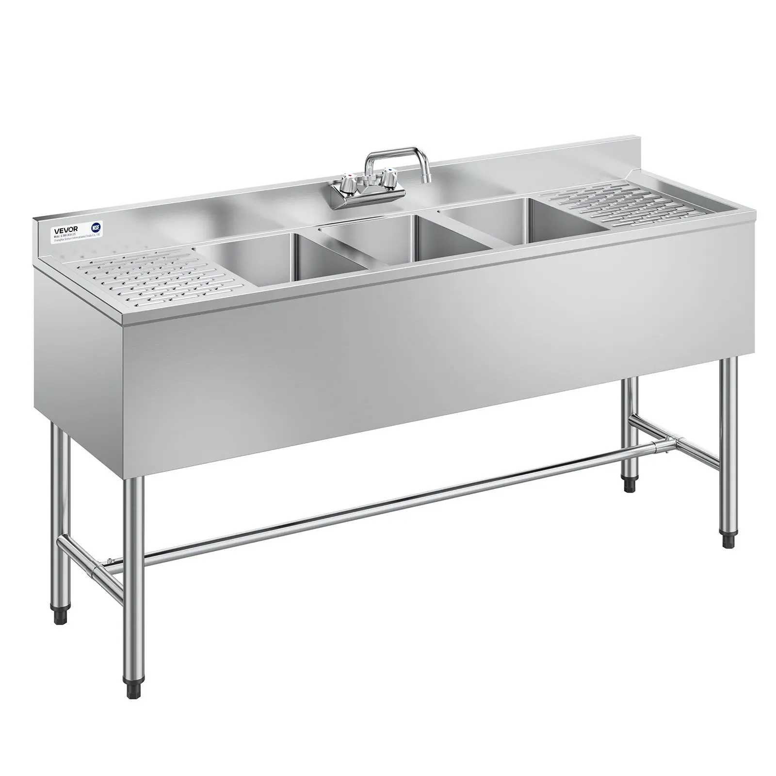 VEVOR 3-Compartment 18-Gauge 304 Stainless Steel Triple Sink with Double Drainboards, 10x14x10in Bowls, 60x18.5in Size, Adjustable Legs, High Backsplash Protection, Commercial Water Outlet for Restaurant Use