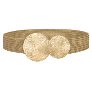 JASGOOD Woven Straw Elastic Belt for Women – Boho Braided Wide Waist Belt with Gold Buckle for Beach Dresses & Summer Outfits