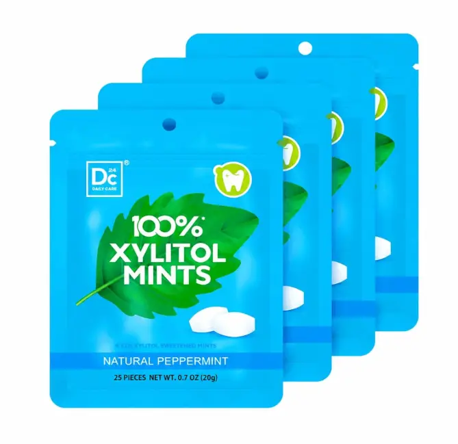 DC24 DAILY CARE 100% Xylitol Mints | Aspartame Free, Sugar Free, Vegan, Gluten Free & Keto Friendly | Natural Peppermint Flavored Mints, 25 Piece-Pack, 4 Packs