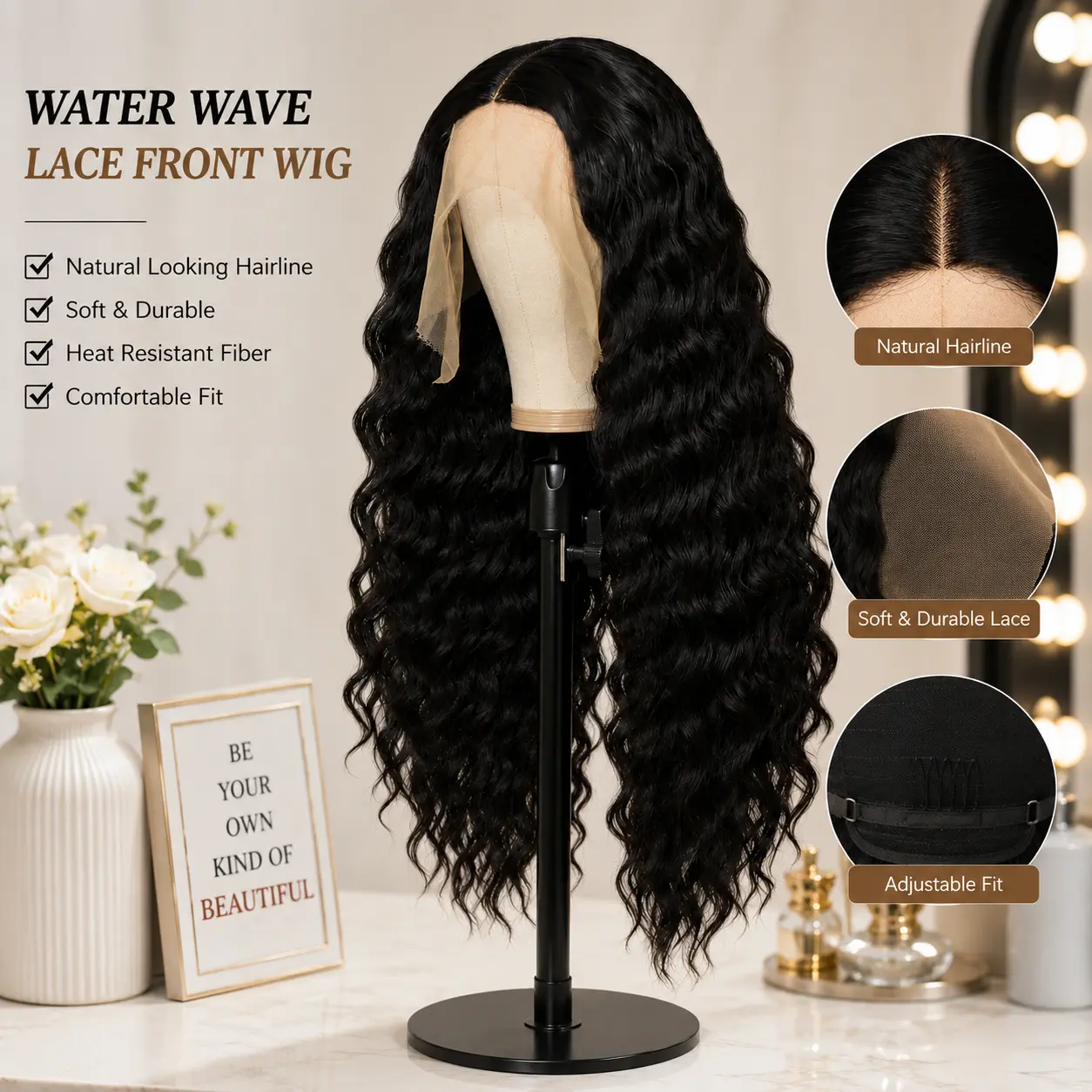 Synthetic 36-Inch Glueless HD Lace Frontal Wavy Wig - 13x4 Deep Wave, 150% Density, Realistic Natural Black for Daily Use, Lace Wigs, Wavy Wigs Deep Wavy Curly