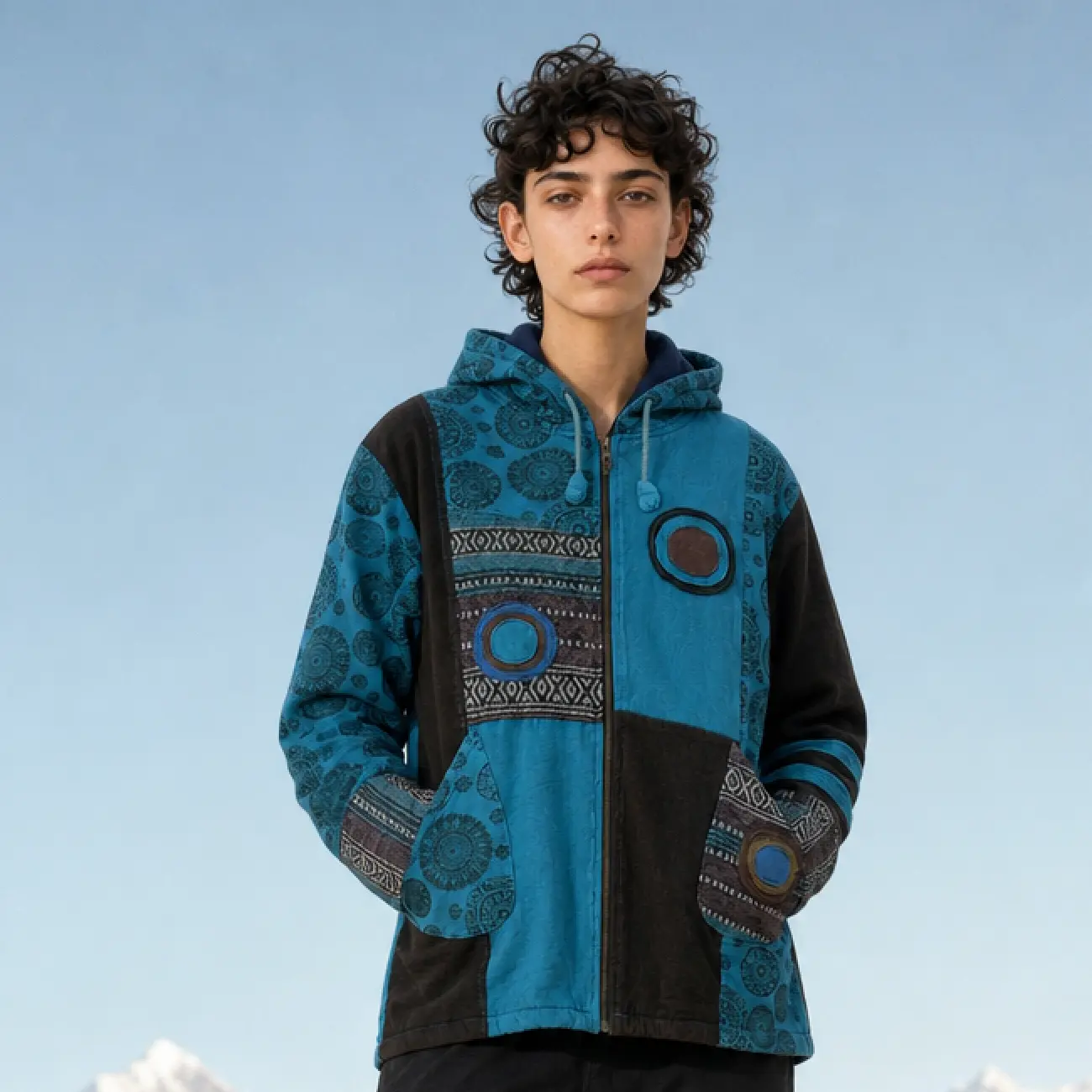 Turquoise Woolen Patchwork Hooded Jacket
