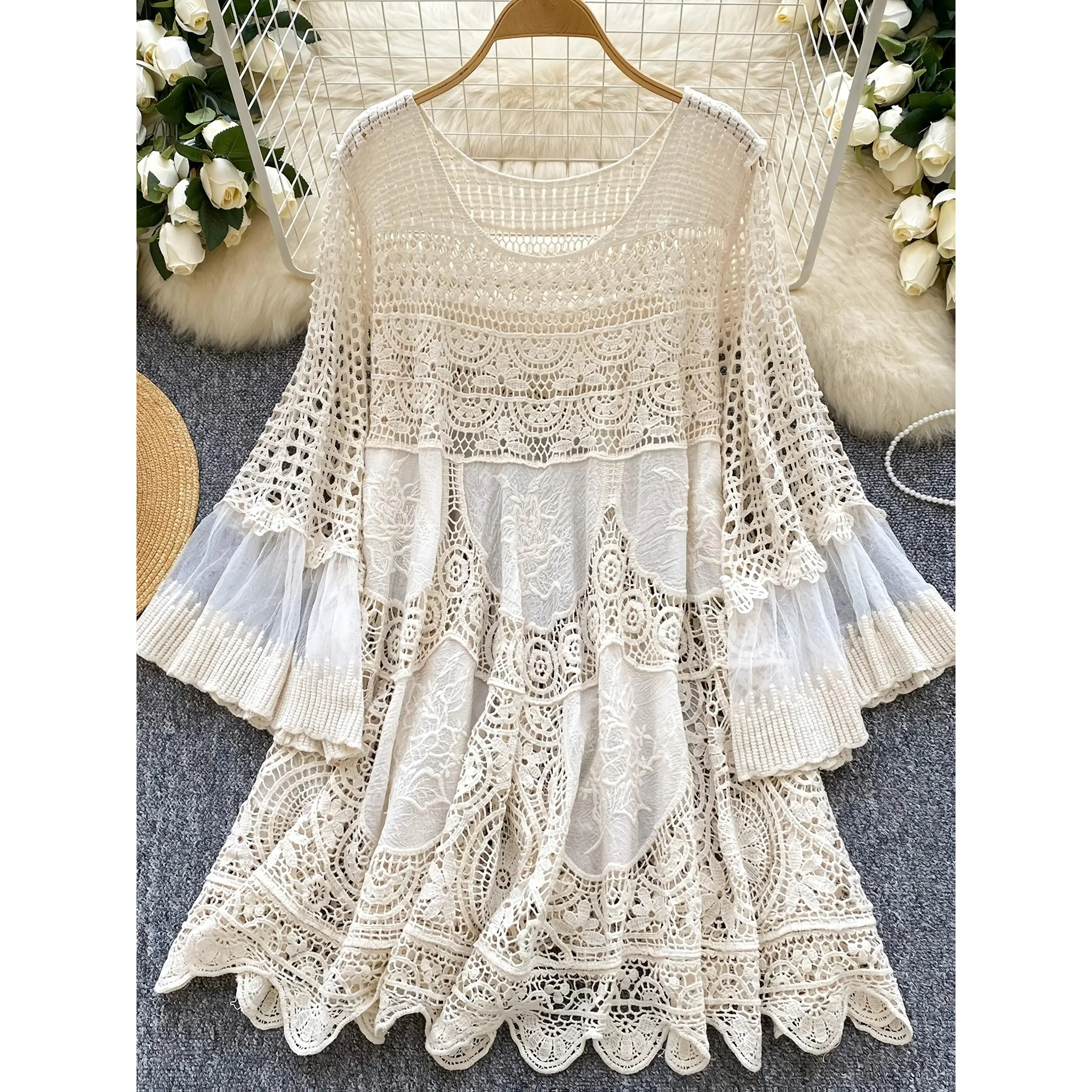 [Feminine charm] new bohemian style vintage knitwear dress for women loose hollow hook flower design short mid-skirt