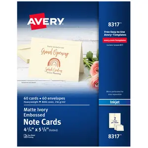Avery Printable Embossed Note Cards, Envelopes Included, 4.25" x 5.5", Matte Ivory, Inkjet Printer Compatible, 60 Blank Cards Total (8317)