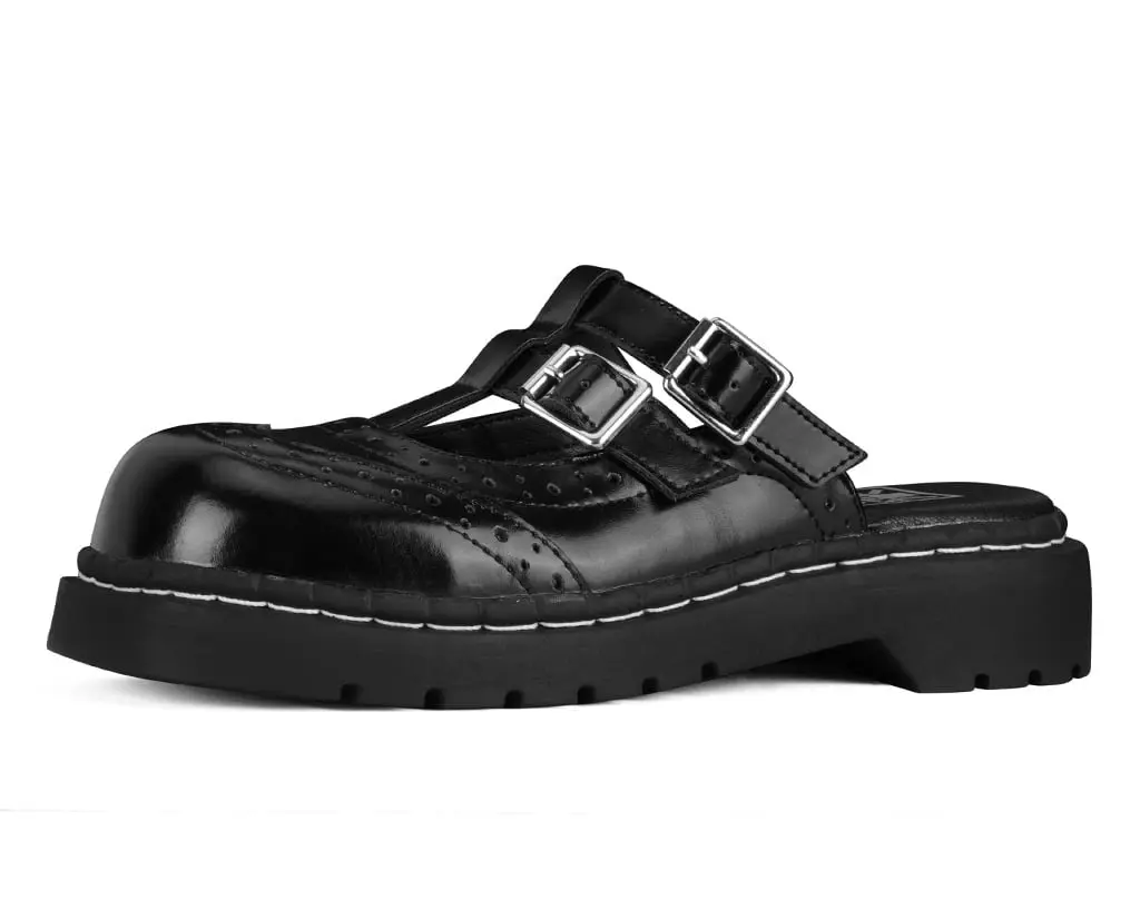 Black Leather T-Strap Mule