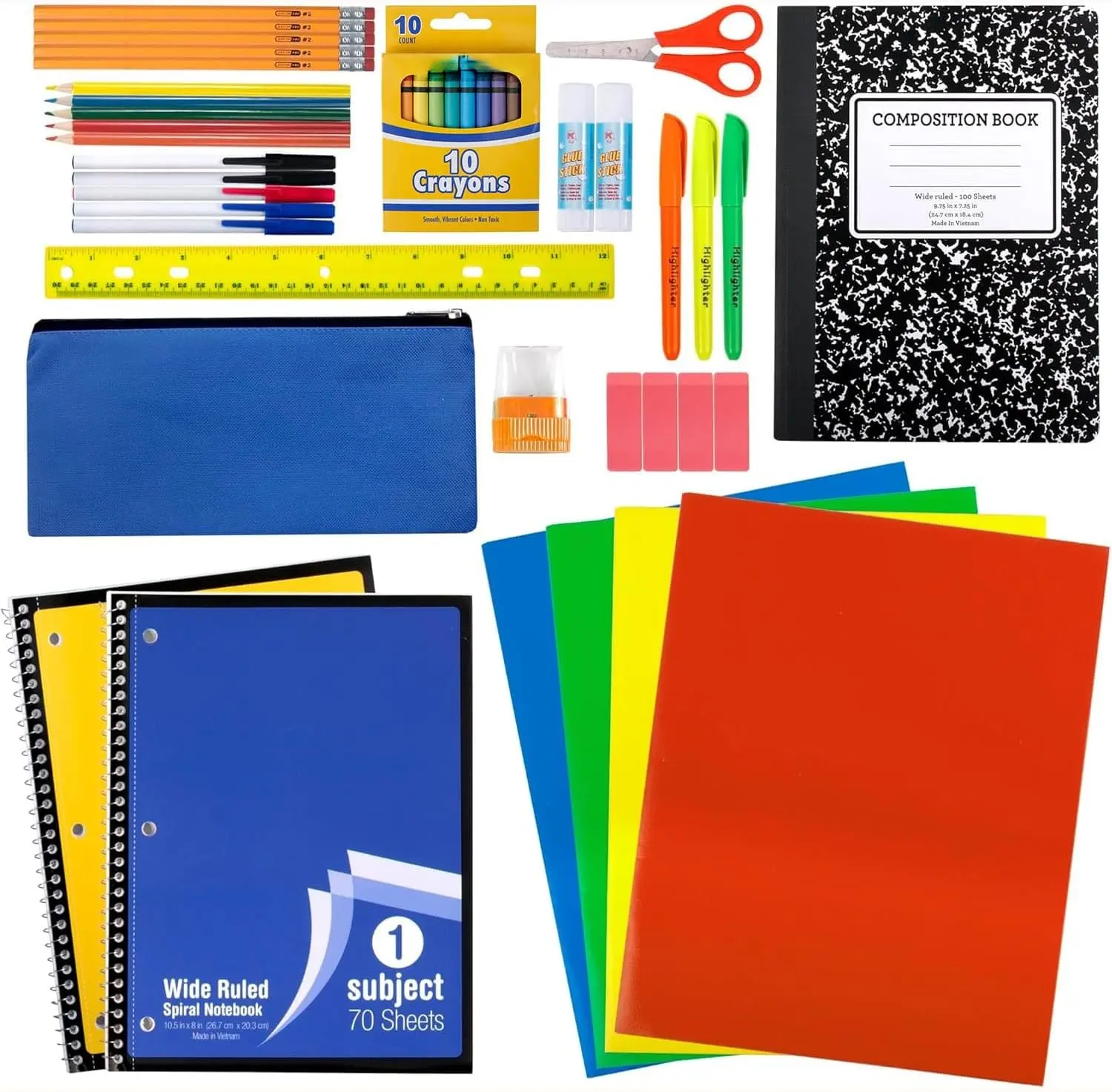 School Supplies Kit 45 Piece School Supply Kit Grades K-12 Back to School Essentials Includes Folders Notebooks Pencils Pens and Much More! | Back to class bundle with folders notebooks pencils pens and much more