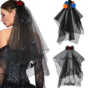 AWAYTR Halloween Headband Black Veil with Pumpkin Spider Skull Wedding Veils Halloween Tulle Veil for Women Gothic Bride Halloween Costume Veil