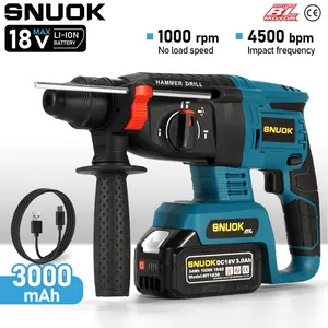 Snuok 18v Brushless Rotary Hammer, 3000mah Type C Battery Kit, Multi-Function Cordless Sds Plus Electric Drill, Concrete Wall Drilling Tool