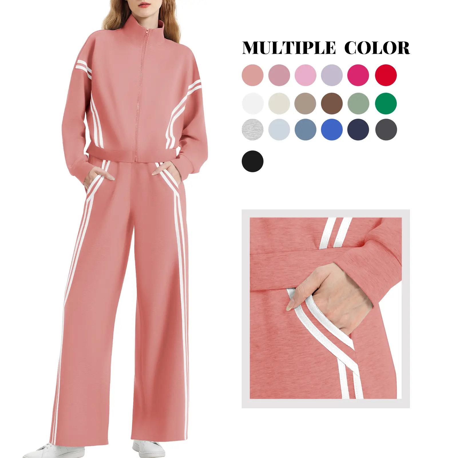 Women's 2-Piece Workout Tracksuit, Loose-Fitting Lounge Set with Side Stripe, Sports Breathable Zip-Up Jacket & Wide Leg Sweatpants, Sports Breathable Outfits, Stretch Fabric Activewear, Sportswear Indoor Outdoor, Female, Stripe Pattern, Active Wear, 45%,