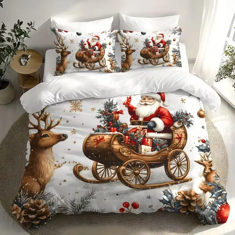 Christmas Theme Duvet Cover Set, Santa Claus Print, Soft Breathable Polyester Fiber, Zipper Closure, All Seasons Use, No Quilt Included, Bedroom Bedding Set