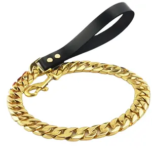 Manufacturers Pet Leather Handle Stainless Steel Leashes Gold Cuban Chain Dog Harness Big Dog Collars and Leads