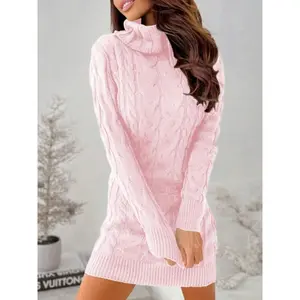 Women Cable Knit Sweater Dress Sexy Long Sleeve Slim Fit Turtleneck Mini Autumn Sweater Dress