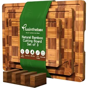 3 PCS Checkered Bamboo Cutting Board Heavy Duty Thick Wooden Chopping Board for Kitchen End Grain Butcher Block with Storage Stand & Deeper Juice Groove for Meat, Veg, Cheese & Charcuterie