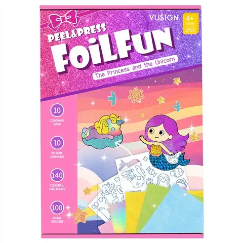 Finenolo Foil Art Kit for Kids - 10 Canvases, 120+ Foil Sheets, 140+ Foam Stickers, No-Mess Glue-Free Foil Craft Set for Ages 4+, Princess & Unicorn Collage Art Birthday Easter Thanksgiving Gift